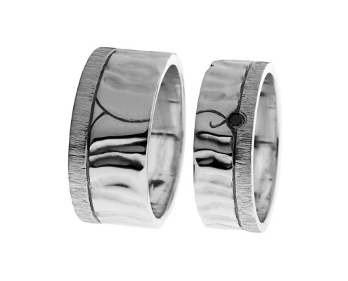 Aallot | Hopea 925, patina, musta timantti | Vihkisormukset