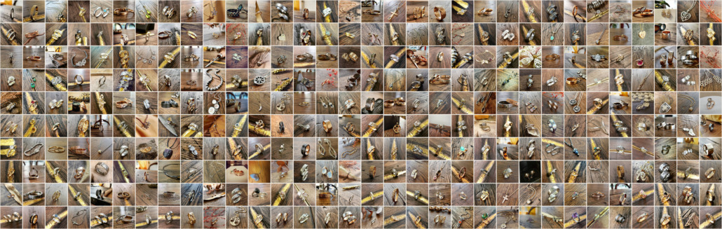 Koostekuva Hanna K Design & Jewelleryn asiakastöistä vuosien varrelta: vihkisormuksia, kihlasormuksia, riipuksia ja korvakoruja.